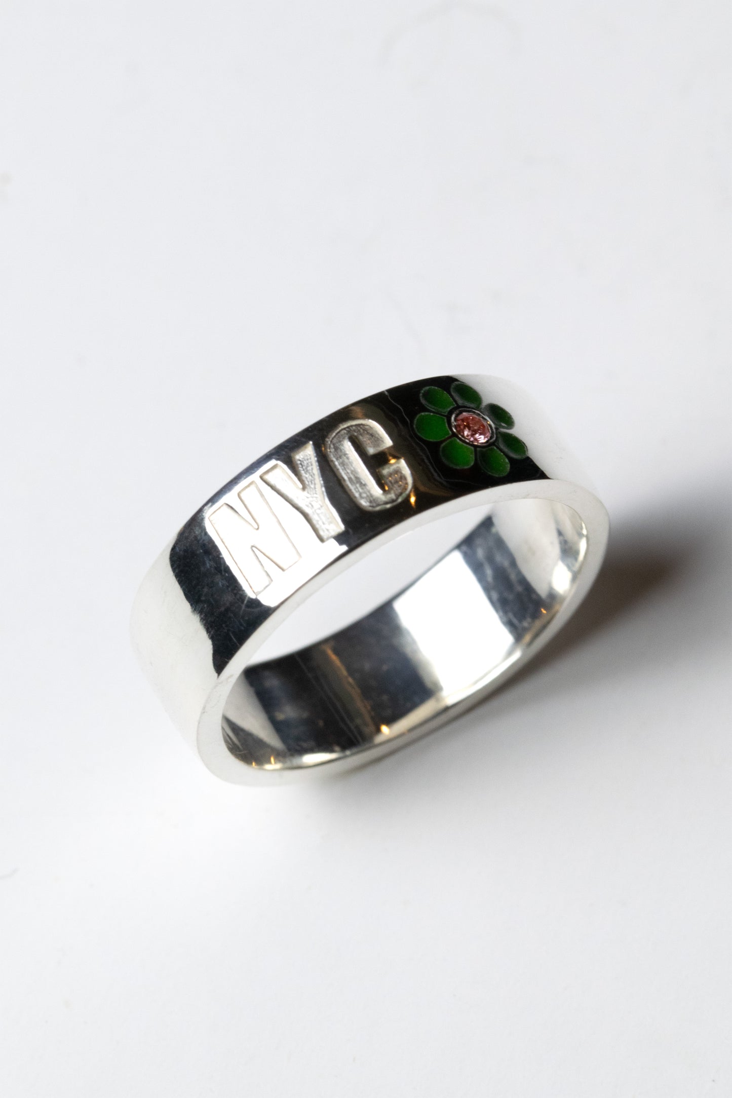 Diamond Enamel Flower Ring with Custom Engraving